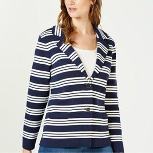 Charter Club Navy and Cream Striped Sweater Jacket Size Medium